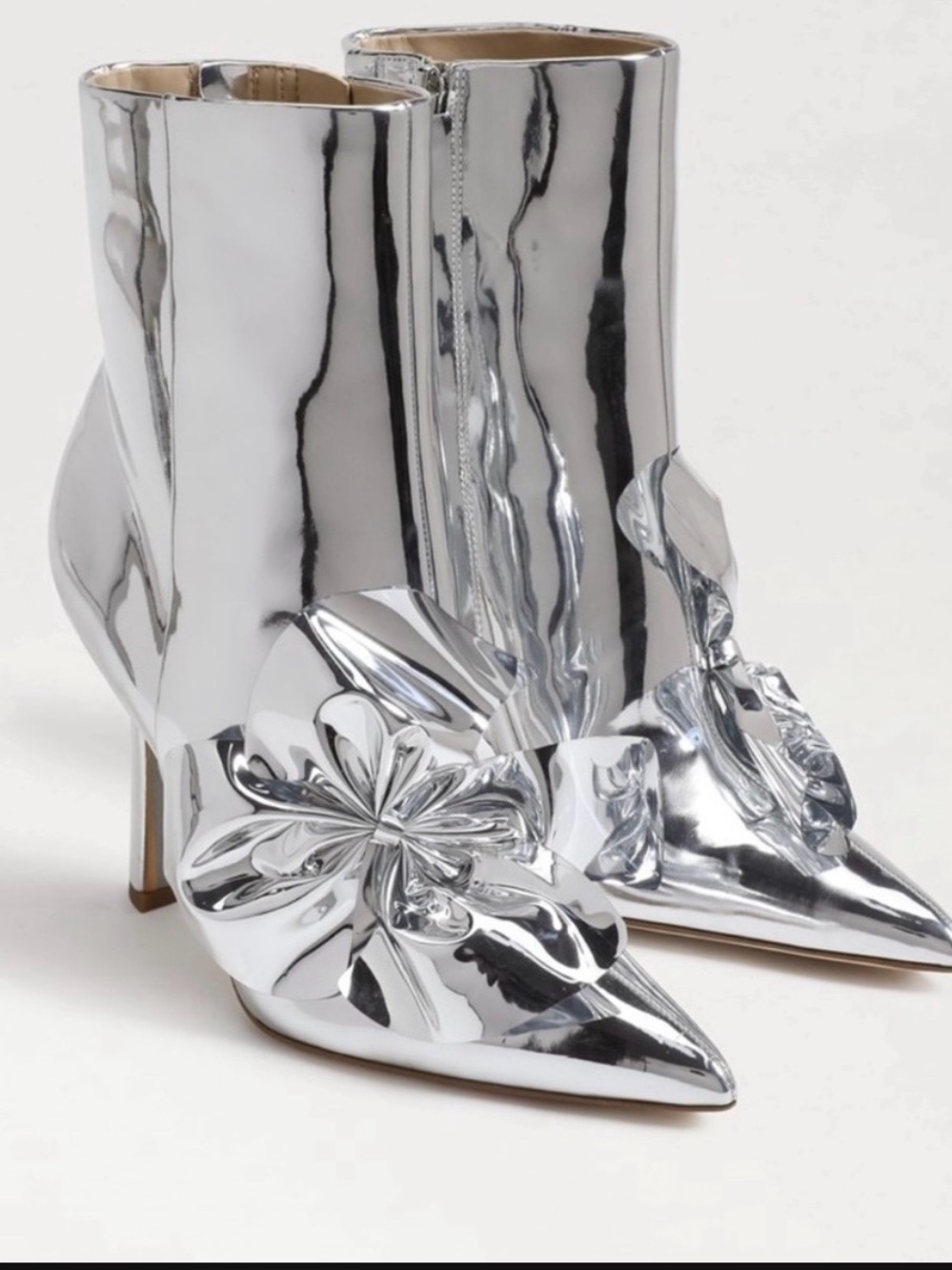 Sam Edelman Metallic Silver Pointed-Toe Heeled Ankle Boots with Floral Detail